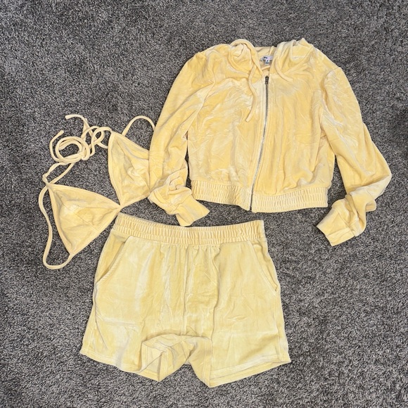 Yellow Velour Jacket, Shorts, and Bikini Set - Picture 1 of 1